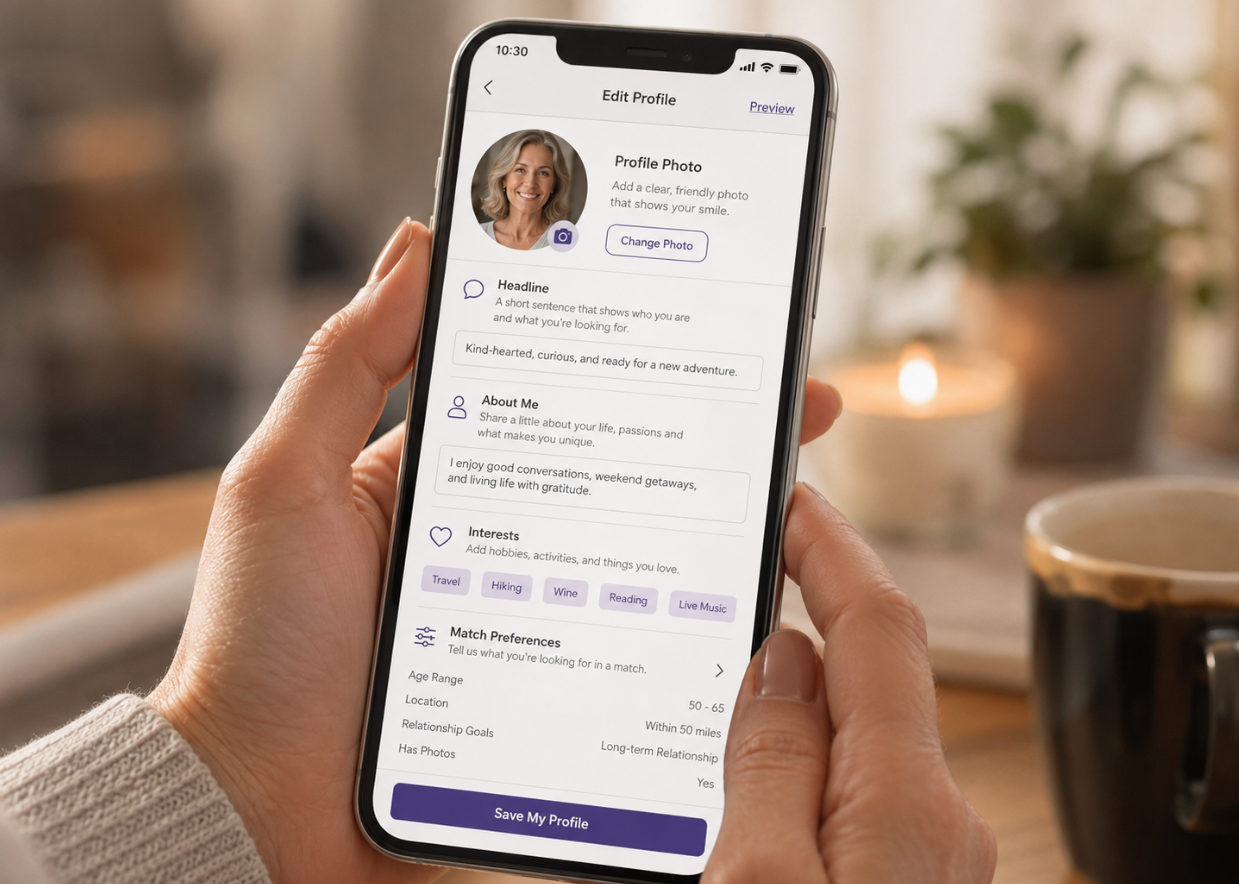 Mature woman reviewing her dating profile on a phone