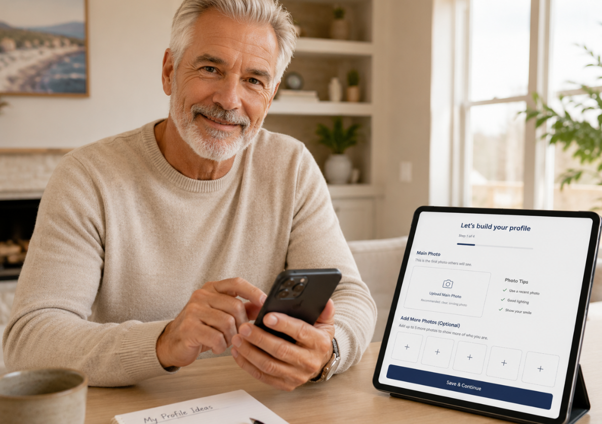 Mature man adding photos to his dating profile on a tablet