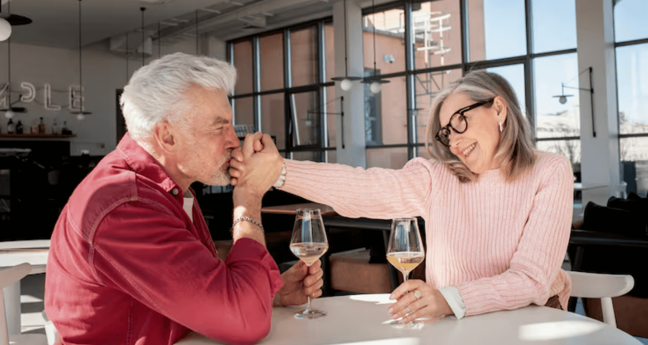 Mature couple sharing a toast together at a rooftop restaurant